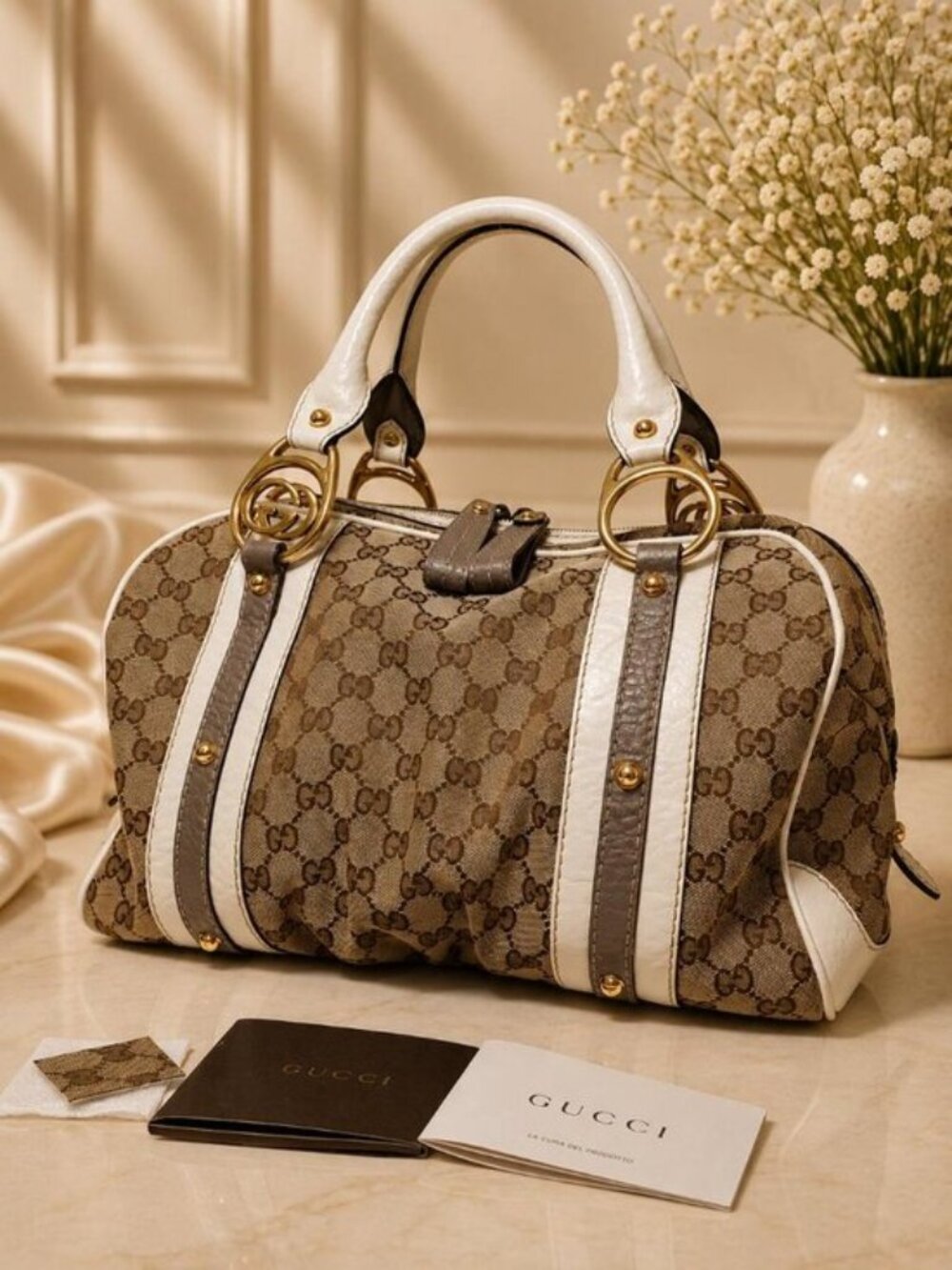Authentic Gucci Sukey Boston Bag GG Monogram Canvas Ivory Leather Shoulder Bag
